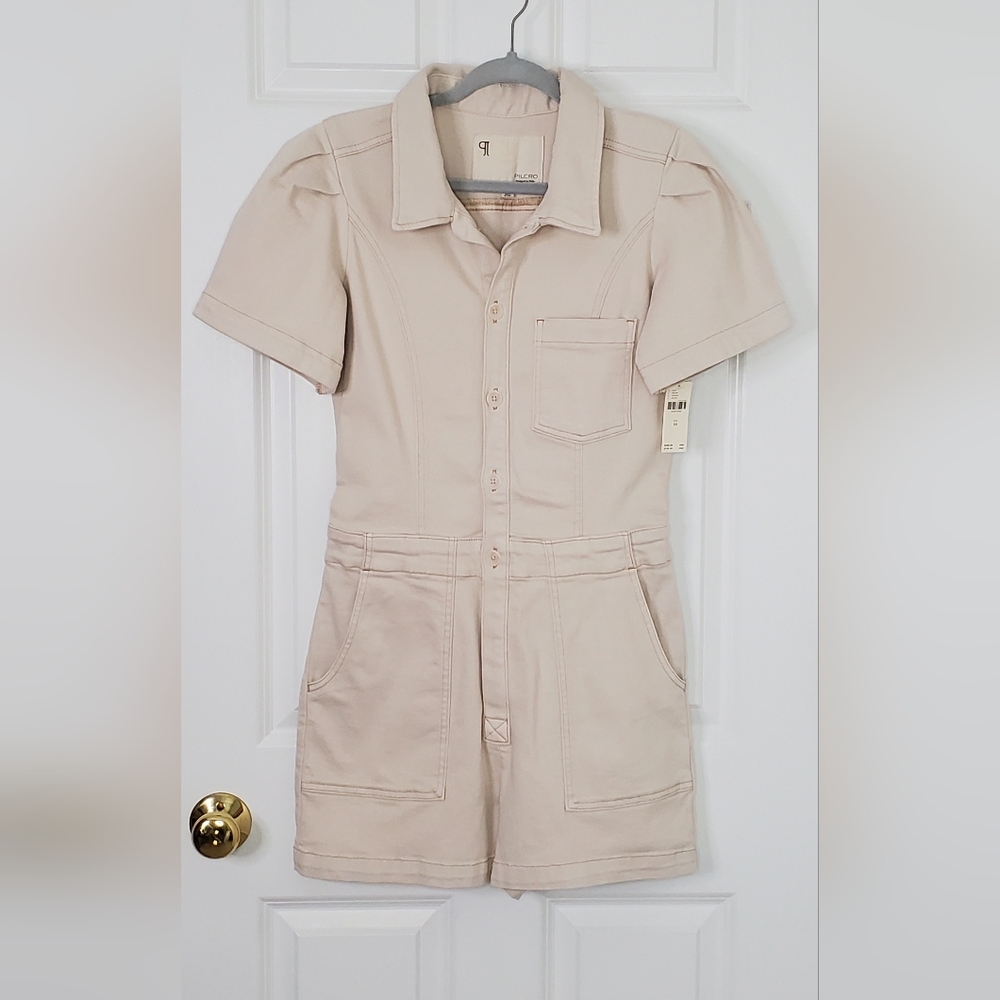 Anthropologie Pilcro "Kit" Utility Romper | Size 10 Cream Denim Puff Sleeve